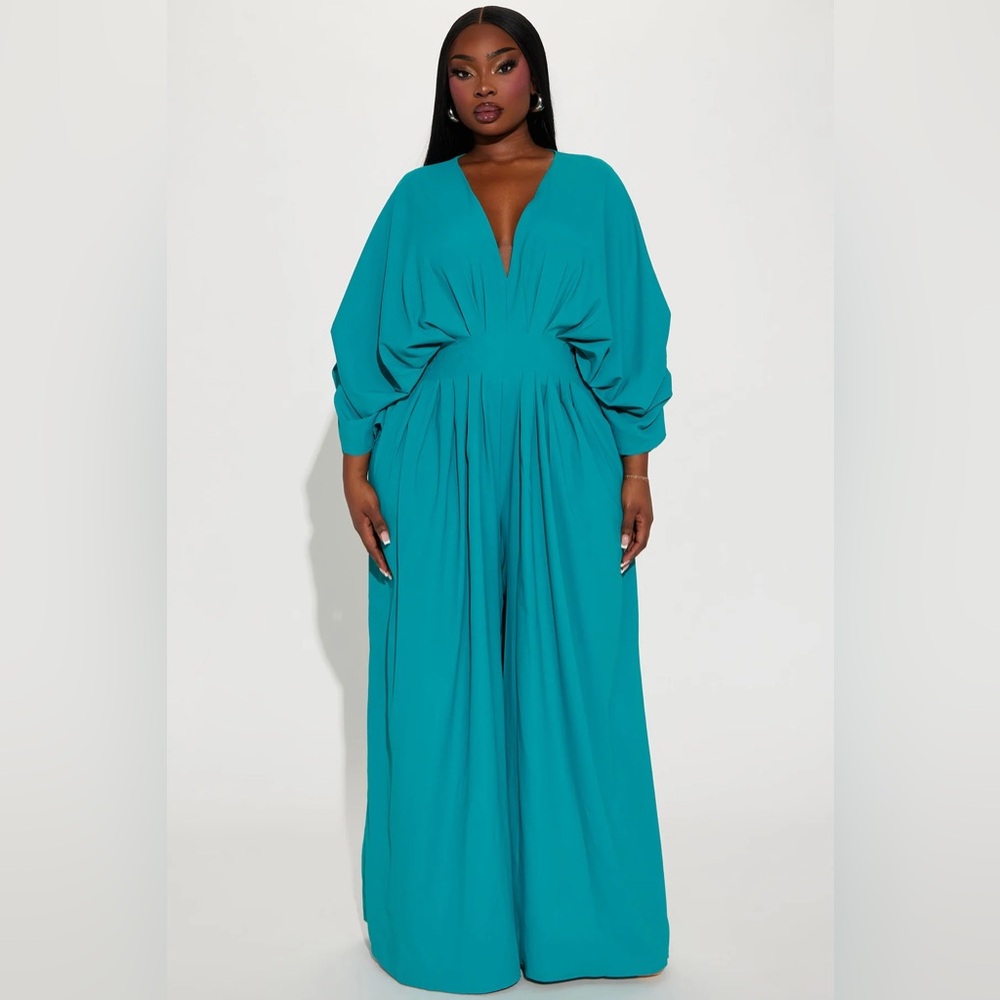 Pleated Teal Plunge Jumpsuit